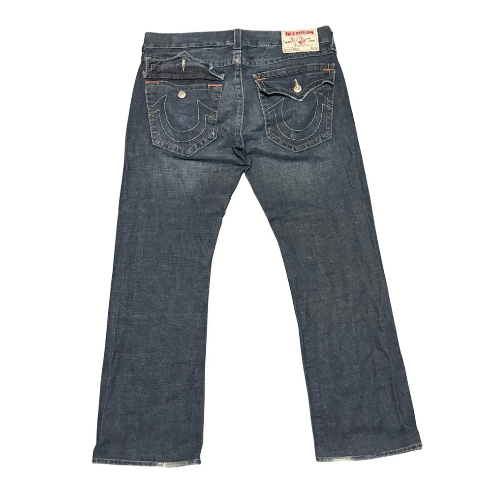 True Religion Ricky Straight Leg Jeans Mens 34 Dark Wash Distressed USA Made